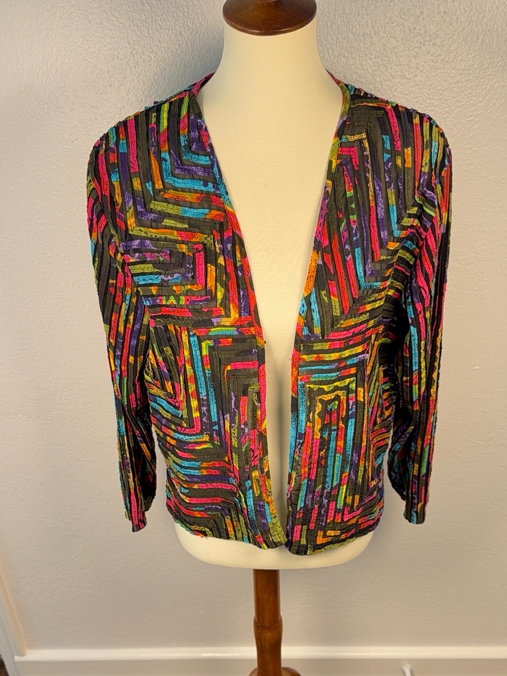 Chico’s Size 2 Sheer Multicolor Abstract Geometric Open Front Jacket